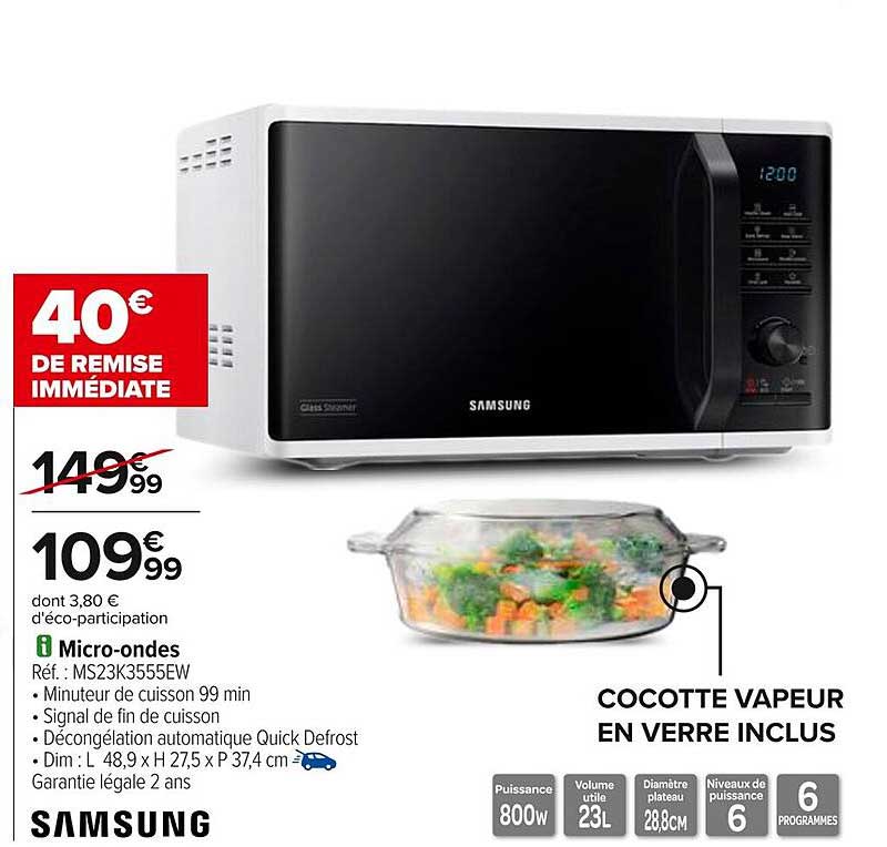 Micro-ondes Samsung MS23K3555EW - 40€ de remise immédiate