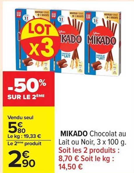 MIKADO Chocolat au Lait ou Noir, 3 x 100 g