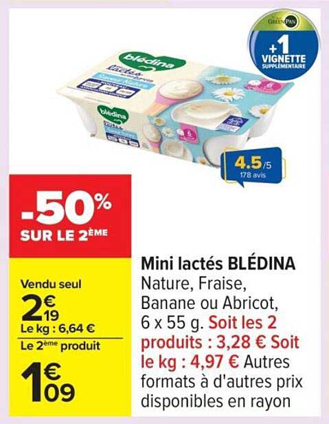 Mini lactés BLÉDINA Nature, Fraise, Banane ou Abricot, 6 x 55 g.