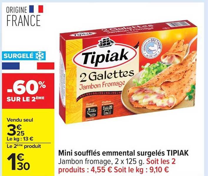 Mini soufflés emmental surgelés TIPIAK Jambon fromage, 2 x 125 g.