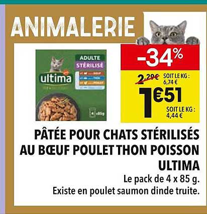 Pâtée pour chats stérilisés au bœuf poulet thon poisson Ultima