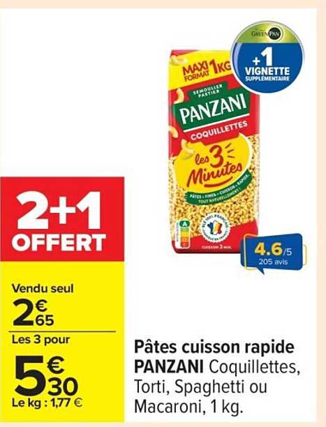 Pâtes cuisson rapide PANZANI Coquillettes, Torti, Spaghetti ou Macaroni, 1 kg.