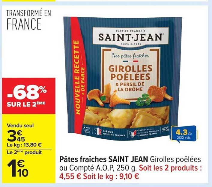 Pâtes fraîches SAINT JEAN Girolles poêlées ou Compté A.O.P, 250 g