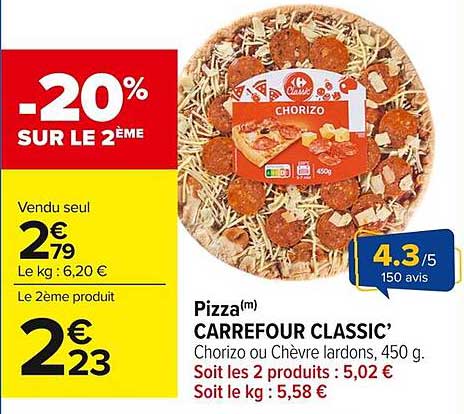 Pizza(m) CARREFOUR CLASSIC’ Chorizo ou Chèvre lardons, 450 g.