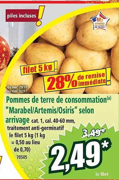 Pommes de terre de consommation "Marabel/Artemis/Osiris" selon arrivage