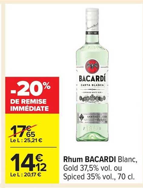 Rhum BACARDI Blanc, Gold 37,5% vol. ou Spiced 35% vol, 70 cl.