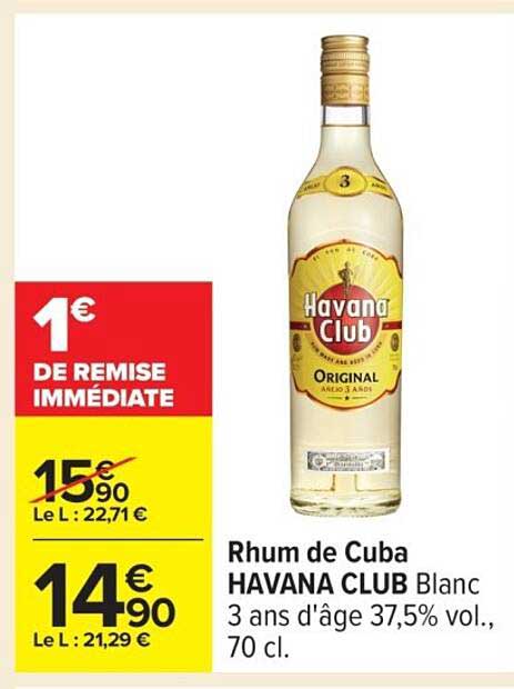 Rhum de Cuba HAVANA CLUB Blanc 3 ans d'âge 37,5% vol., 70 cl.