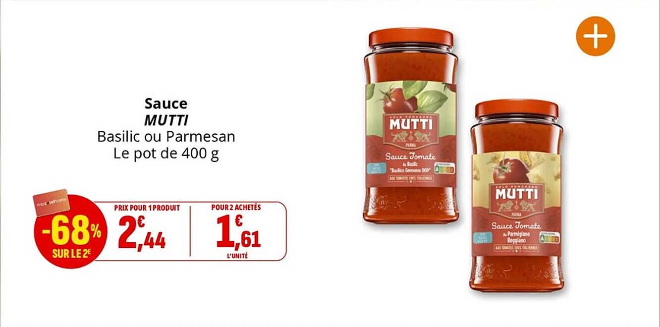Sauce MUTTI Basilic ou Parmesan Le pot de 400 g