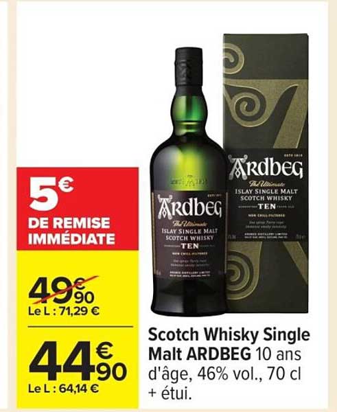 Scotch Whisky Single Malt ARDBEG 10 ans d'âge, 46% vol., 70 cl + étui