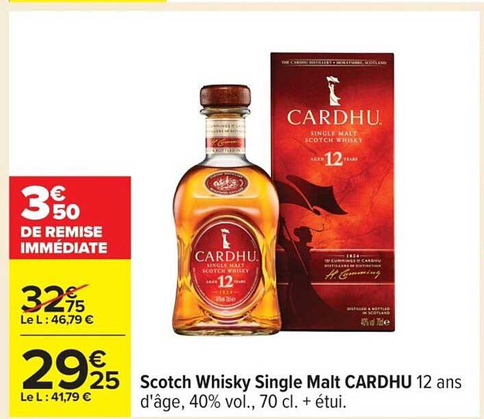 Scotch Whisky Single Malt CARDHU 12 ans d'âge, 40% vol., 70 cl. + étui.
