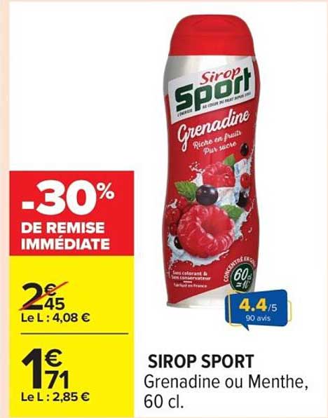 SIROP SPORT Grenadine ou Menthe, 60 cl.