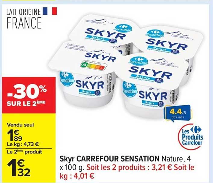 Skyr CARREFOUR SENSATION Nature, 4 x 100 g