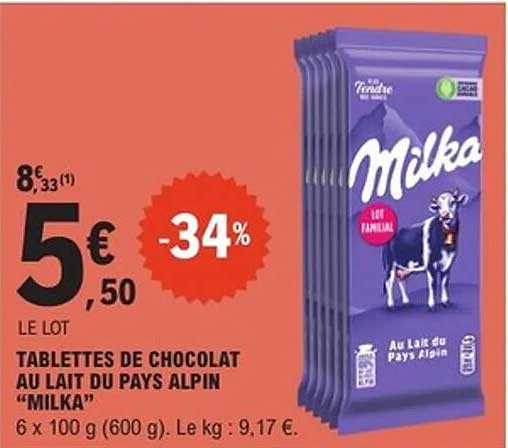 TABLETTES DE CHOCOLAT AU LAIT DU PAYS ALPIN “MILKA”