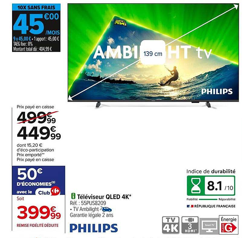 Téléviseur QLED 4K Philips - 139 cm avec TV Ambilight