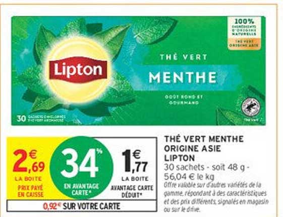 THÉ VERT MENTHE ORIGINE ASIE LIPTON