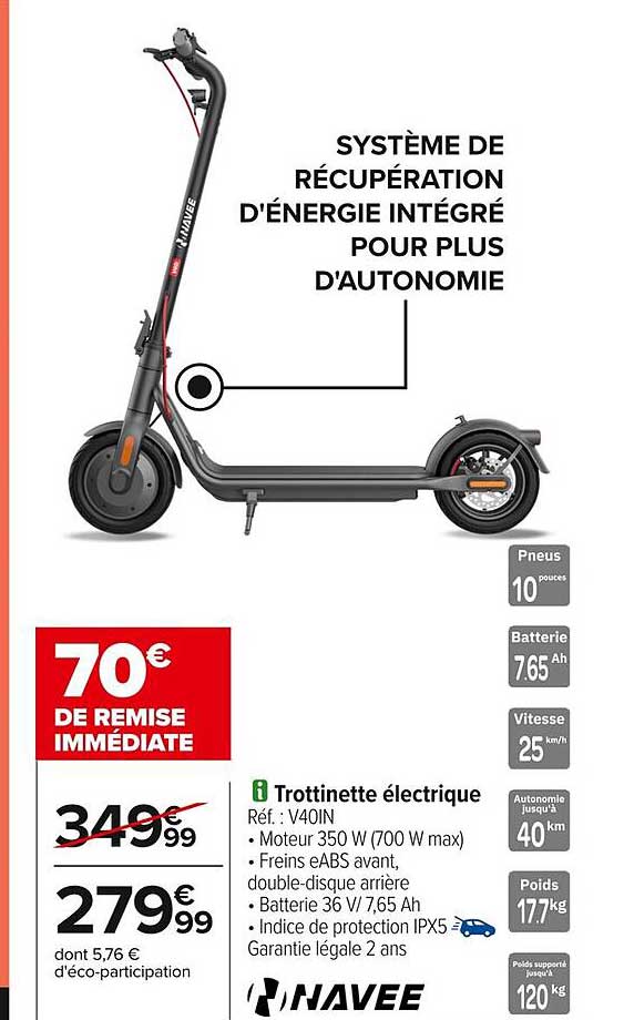 Trottinette électrique Navee V40IN - 70€ de remise immédiate