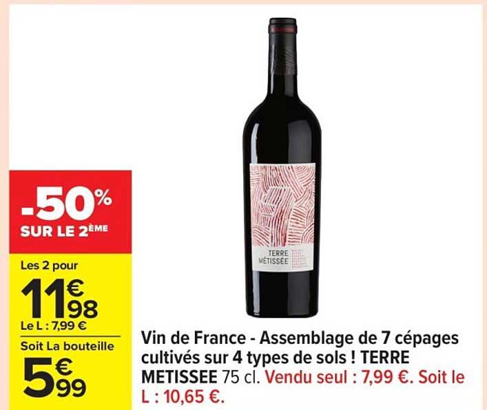 Vin de France - Assemblage de 7 cépages cultivés sur 4 types de sols ! TERRE METISSEE 75 cl.