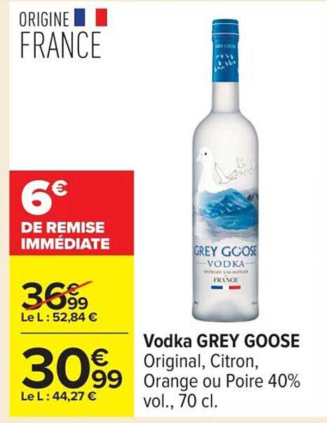 Vodka GREY GOOSE Original, Citron, Orange ou Poire 40% vol., 70 cl.