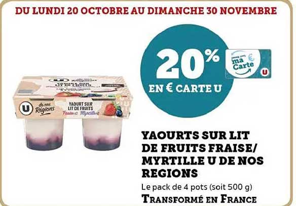 Yaourts sur lit de fruits fraise/myrtille U de nos régions