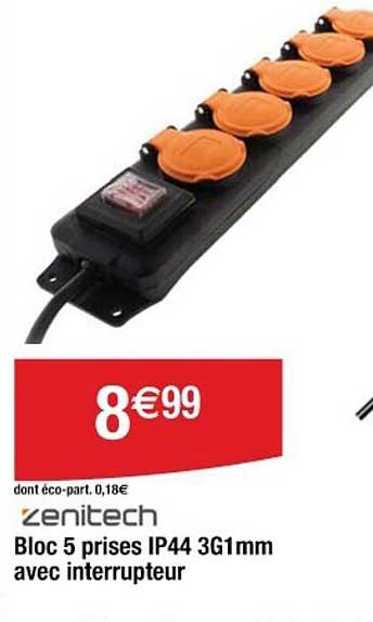 Bloc 5 prises IP44 3G1mm avec interrupteur