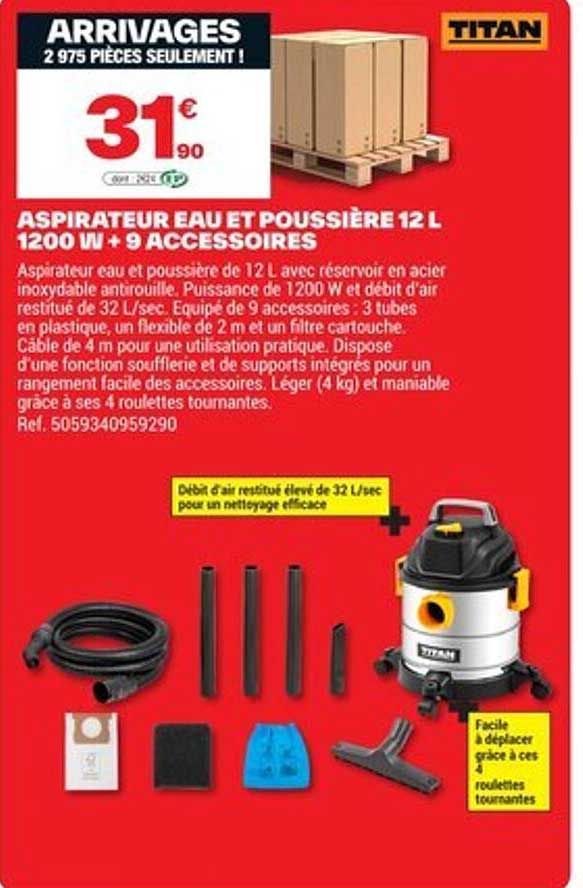 ASPIRATEUR EAU ET POUSSIÈRE 12 L 1200 W + 9 ACCESSOIRES
