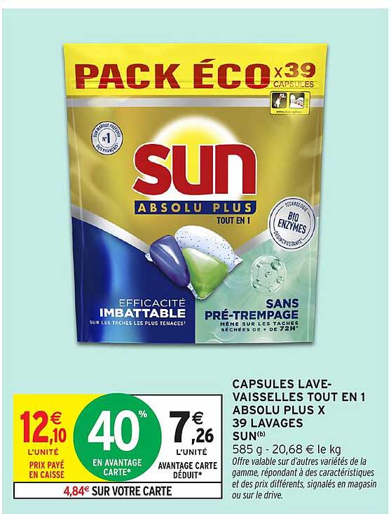 CAPSULES LAVE-VAISSELLES TOUT EN 1 ABSOLU PLUS X 39 LAVAGES SUN