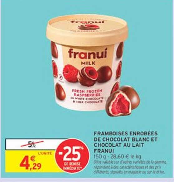 FRAMBOISES ENROBÉES DE CHOCOLAT BLANC ET CHOCOLAT AU LAIT FRANUI