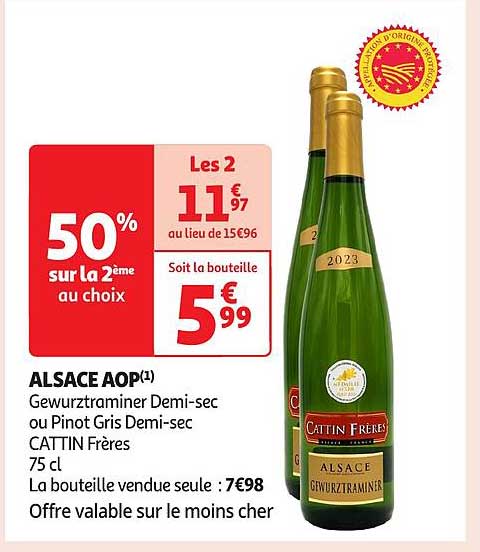 ALSACE AOP Gewurztraminer Demi-sec ou Pinot Gris Demi-sec CATTIN Frères 75 cl