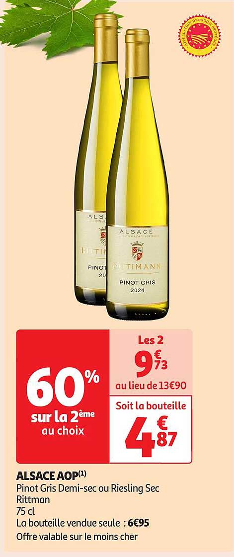 ALSACE AOP Pinot Gris Demi-sec ou Riesling Sec Rittmann