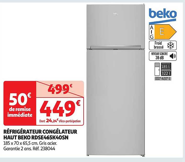RÉFRIGÉRATEUR CONGÉLATEUR HAUT BEKO RDSE465K40SN