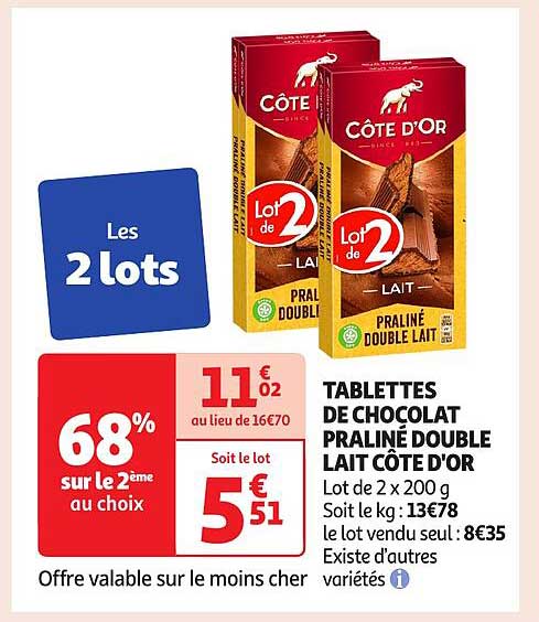 TABLETTES DE CHOCOLAT PRALINÉ DOUBLE LAIT CÔTE D'OR