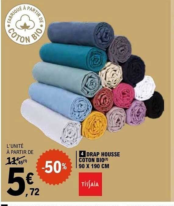 4 DRAP HOUSSE COTON BIO(2) 90 X 190 CM