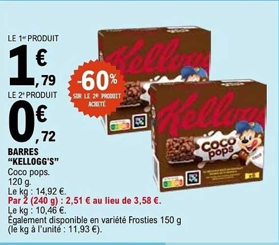 BARRRES “KELLOGG’S” Coco pops. 120 g. Le kg : 14,92 €. Par 2 (240 g) : 2,51 € au lieu de 3,58 €. Le kg à l’unité : 10,46 €. Également disponible en variété Frosties 150 g (le kg à l’unité : 11,93 €).