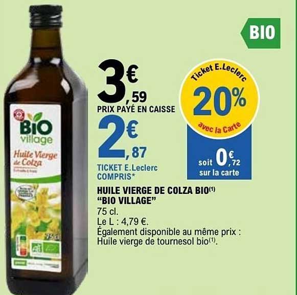 HUILE VIERGE DE COLZA BIO « BIO VILLAGE »