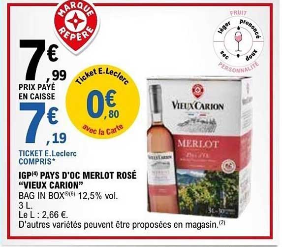 IGP(4) PAYS D'OC MERLOT ROSÉ “VIEUX CARION” BAG IN BOX(6) 12,5% vol. 3 L