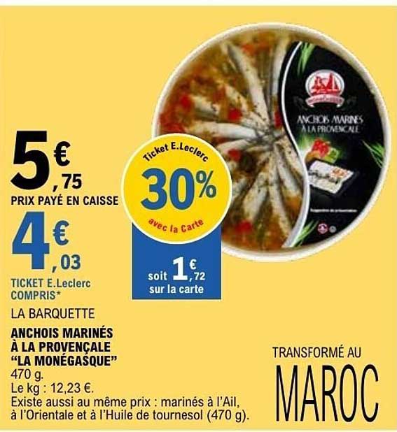 LA BARQUETTE ANCHOIS MARINÉS À LA PROVENÇALE "LA MONÉGASQUE" 470 g.