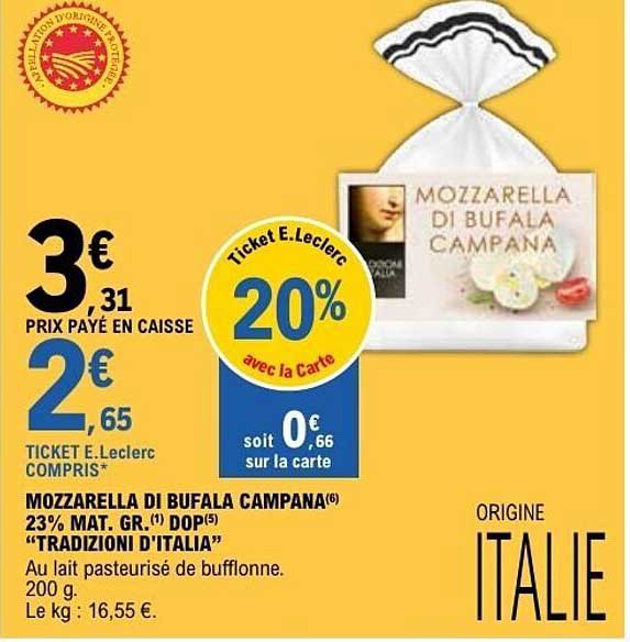 MOZZARELLA DI BUFALA CAMPANA 23% MAT. GR.(1) DOP(5) “TRADIZIONI D’ITALIA”
