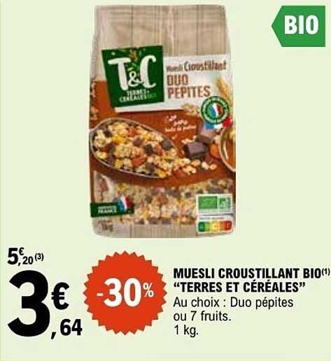 MUESLI CROUSTILLANT BIO "TERRES ET CÉRÉALES" Au choix : Duo pépites ou 7 fruits. 1 kg.