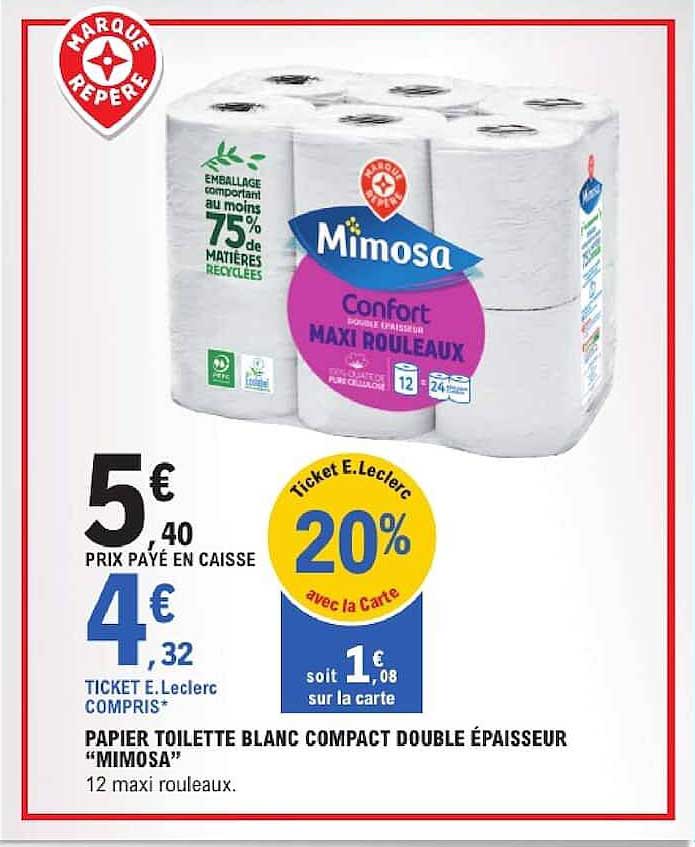 PAPIER TOILETTE BLANC COMPACT DOUBLE ÉPAISSEUR “MIMOSA”
