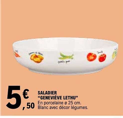 SALADIER “GENEVIEVE LETHU” En porcelaine Ø 25 cm. Blanc avec décor légumes.