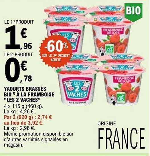 YAOURTS BRASSÉS BIO(1) À LA FRAMBOISE “LES 2 VACHES”