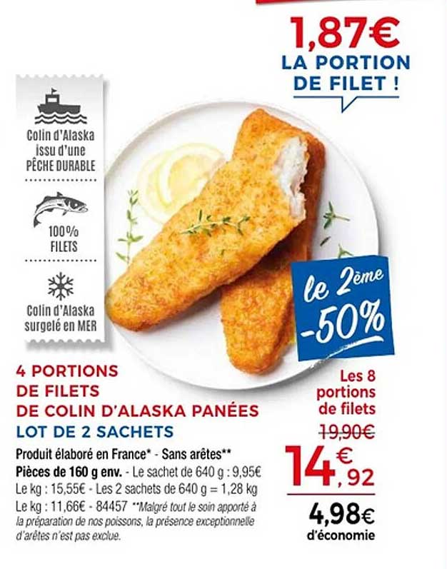 4 PORTIONS DE FILETS DE COLIN D’ALASKA PANÉS LOT DE 2 SACHETS