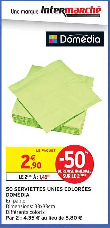 50 SERVIETTES UNIES COLORÉES DOMÉDIA