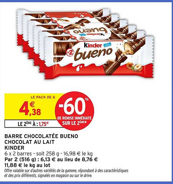 BARRE CHOCOLATÉE BUENO CHOCOLAT AU LAIT KINDER