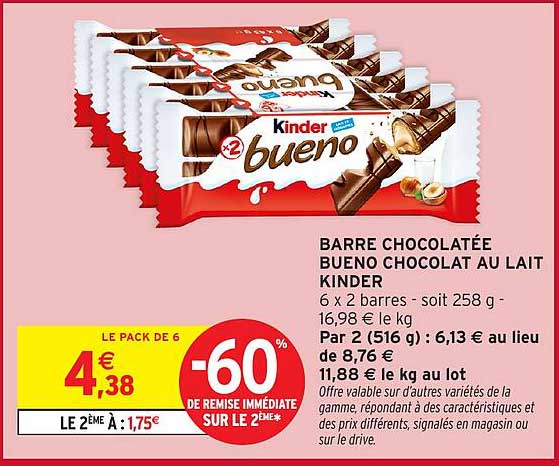 BARRE CHOCOLATÉE BUENO CHOCOLAT AU LAIT KINDER