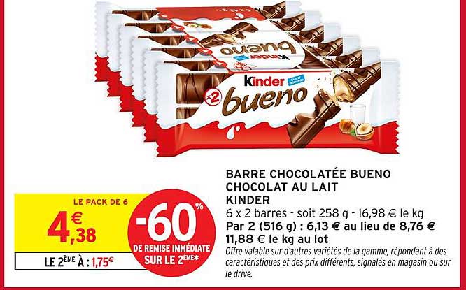 BARRE CHOCOLATÉE BUENO CHOCOLAT AU LAIT KINDER