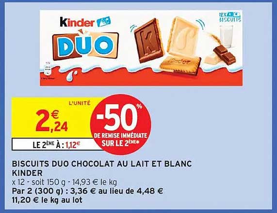 BISCUITS DUO CHOCOLAT AU LAIT ET BLANC KINDER