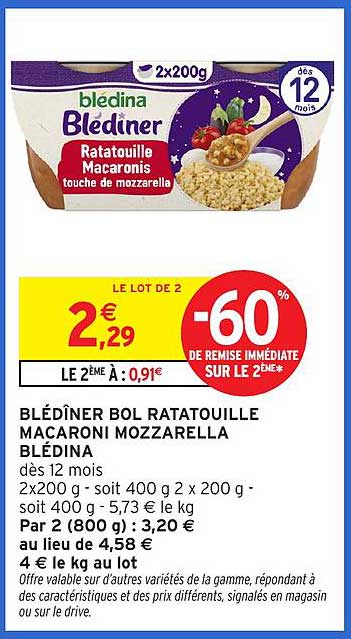 BLÉDÎNER BOL RATATOUILLE MACARONI MOZZARELLA BLÉDINA