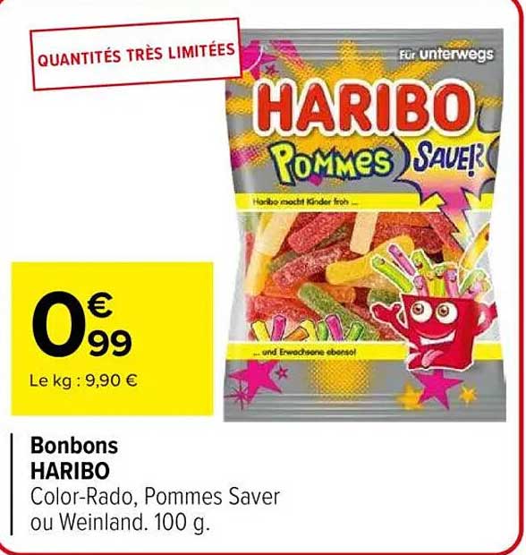 Bonbons HARIBO Color-Rado, Pommes Saver ou Weinland. 100 g.