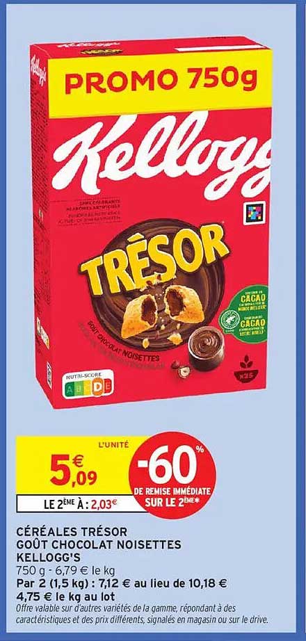 CÉRÉALES TRÉSOR GOÛT CHOCOLAT NOISETTES KELLOGG'S